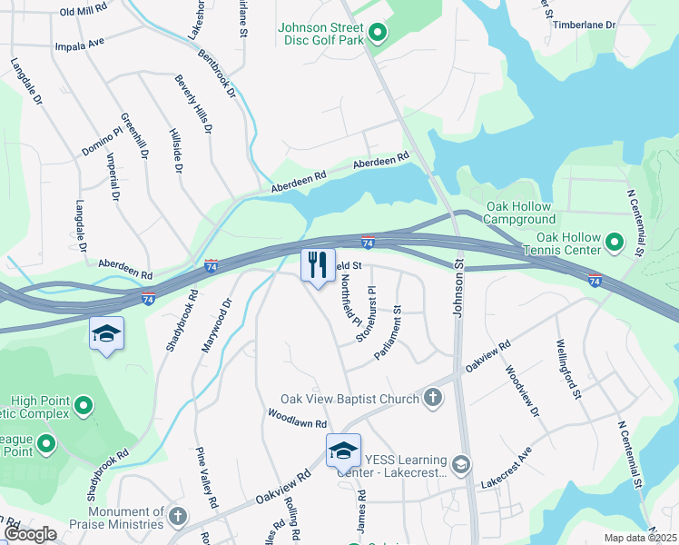 map of restaurants, bars, coffee shops, grocery stores, and more near 3803 Westfield Street in High Point