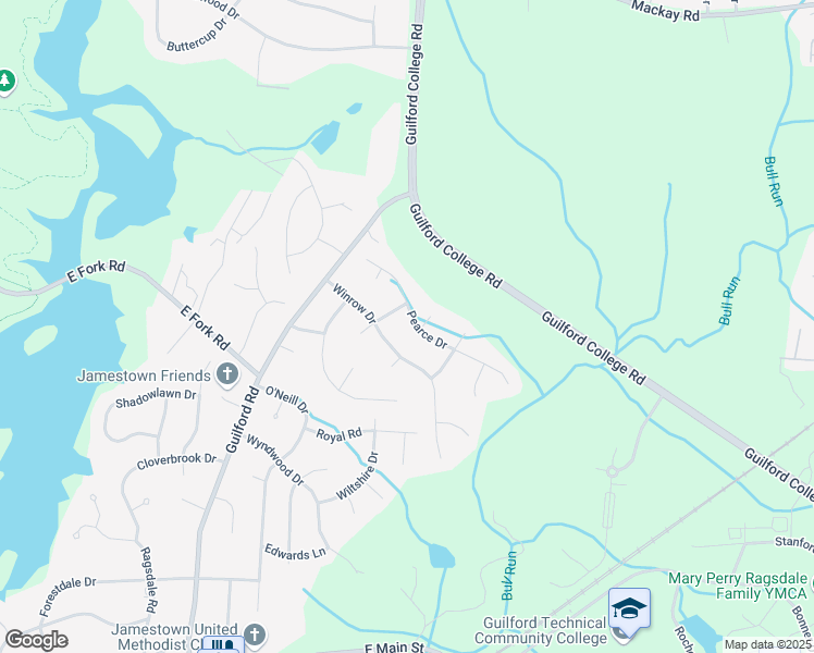 map of restaurants, bars, coffee shops, grocery stores, and more near 202 Pearce Drive in Jamestown