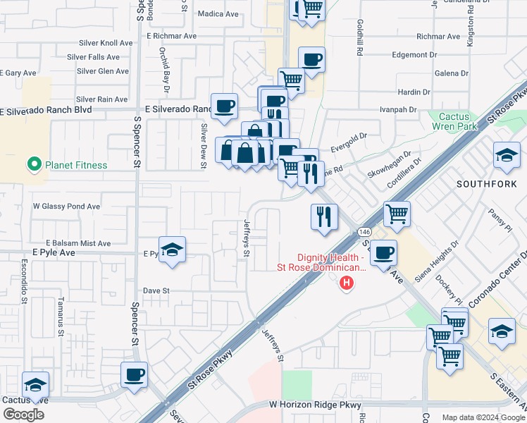 map of restaurants, bars, coffee shops, grocery stores, and more near 9967 Aspen Rose Street in Las Vegas