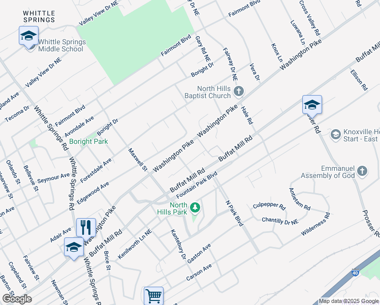 map of restaurants, bars, coffee shops, grocery stores, and more near 3120 Washington Pike in Knoxville