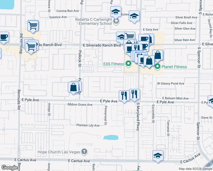 map of restaurants, bars, coffee shops, grocery stores, and more near 9988 South Trailing Vine Street in Las Vegas