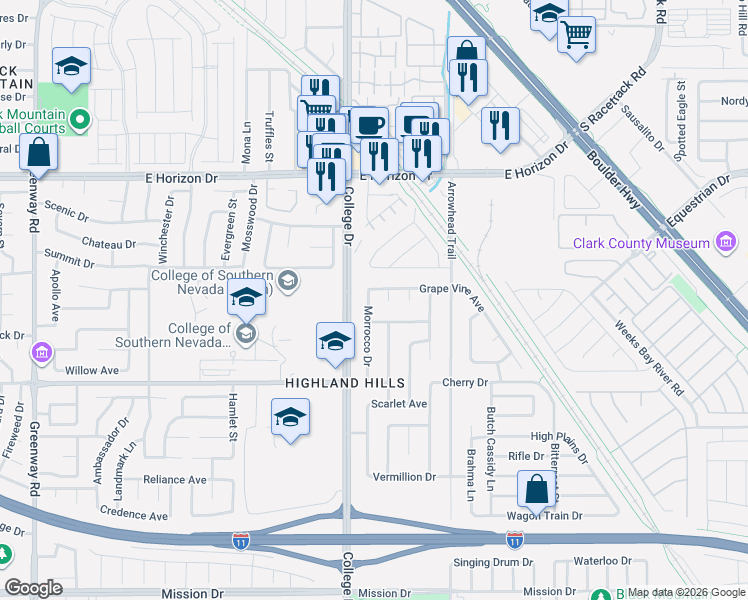 map of restaurants, bars, coffee shops, grocery stores, and more near 775 Grape Vine Avenue in Henderson
