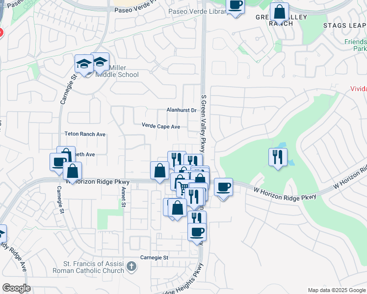 map of restaurants, bars, coffee shops, grocery stores, and more near 512 Melrose Heights Street in Henderson