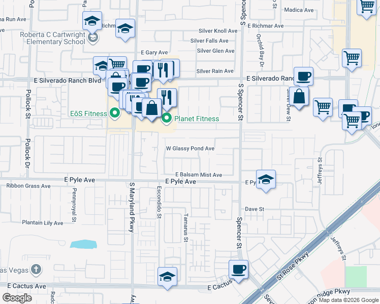 map of restaurants, bars, coffee shops, grocery stores, and more near 1505 Falling Snow Avenue in Las Vegas