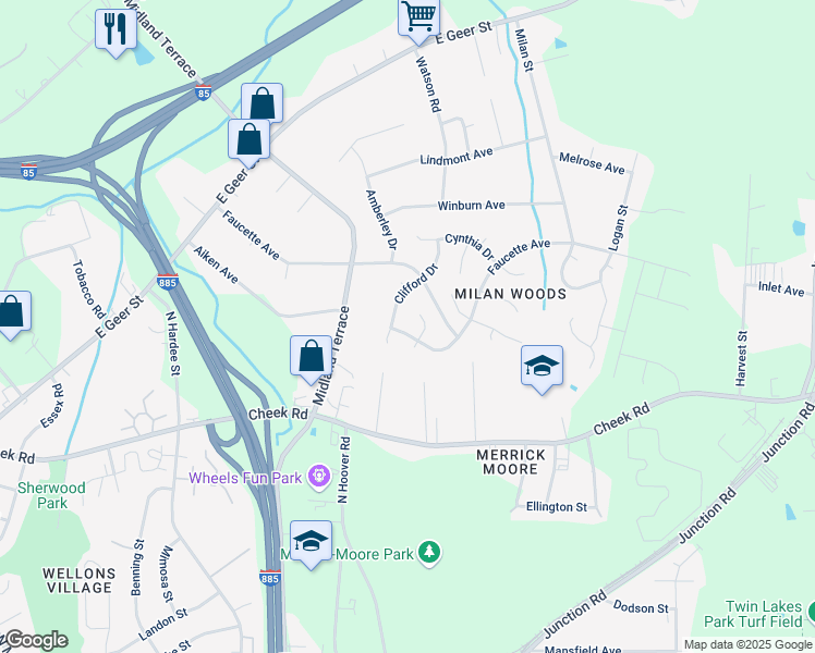 map of restaurants, bars, coffee shops, grocery stores, and more near 1006 Clifford Drive in Durham