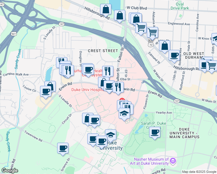 map of restaurants, bars, coffee shops, grocery stores, and more near 508 Fulton Street in Durham