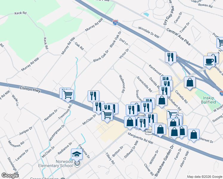 map of restaurants, bars, coffee shops, grocery stores, and more near 5708 Ridgefield Road in Knoxville