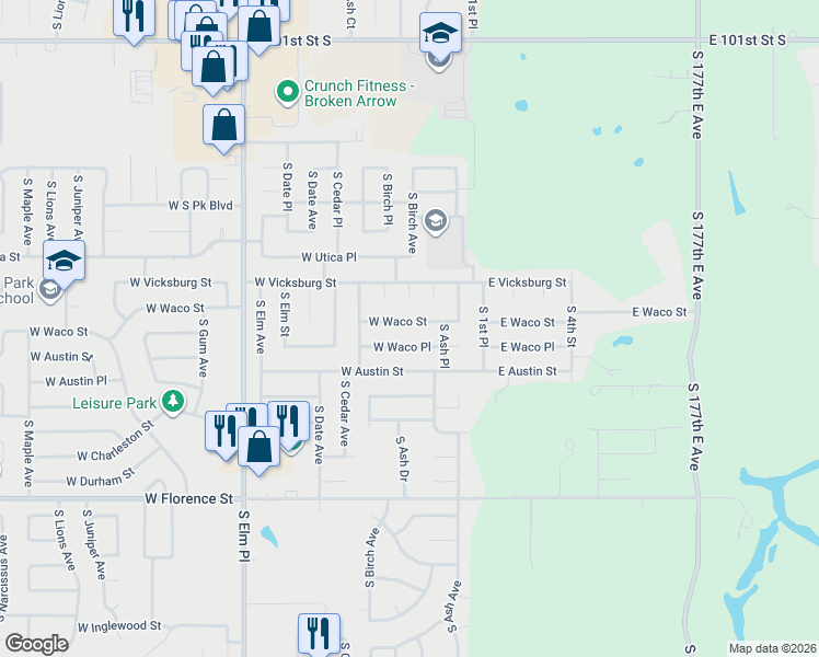 map of restaurants, bars, coffee shops, grocery stores, and more near 4309 West 44th Place in Broken Arrow
