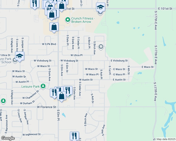 map of restaurants, bars, coffee shops, grocery stores, and more near 4309 West 44th Place in Broken Arrow
