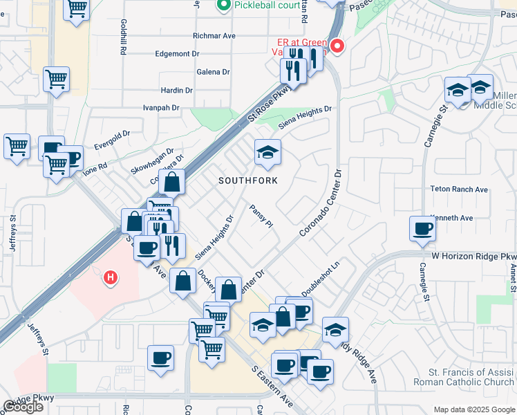 map of restaurants, bars, coffee shops, grocery stores, and more near 676 Pansy Place in Henderson