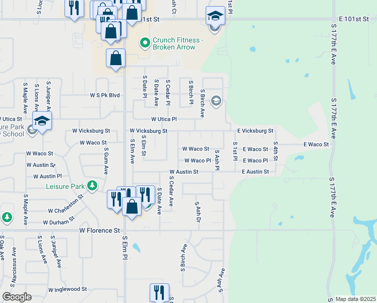 map of restaurants, bars, coffee shops, grocery stores, and more near 4309 West 44th Place in Broken Arrow
