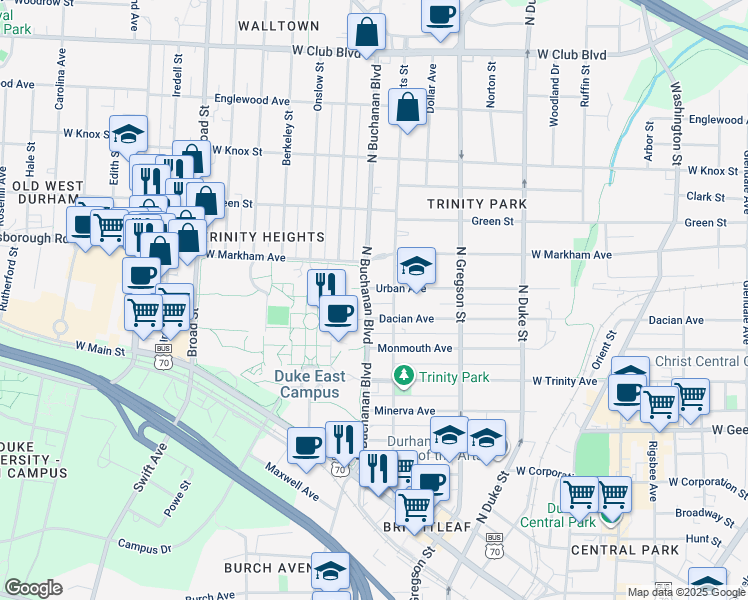 map of restaurants, bars, coffee shops, grocery stores, and more near 610 North Buchanan Boulevard in Durham