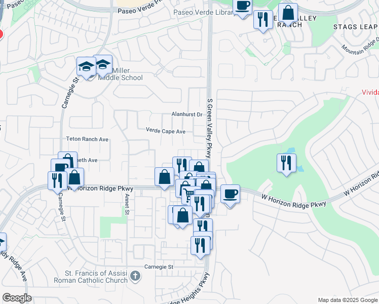 map of restaurants, bars, coffee shops, grocery stores, and more near 525 Mossy Cup Street in Henderson