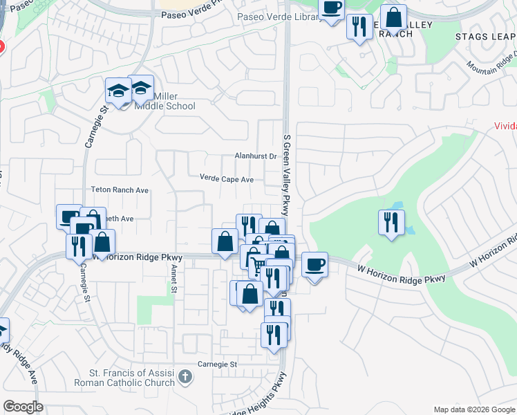 map of restaurants, bars, coffee shops, grocery stores, and more near 512 Melrose Heights Street in Henderson