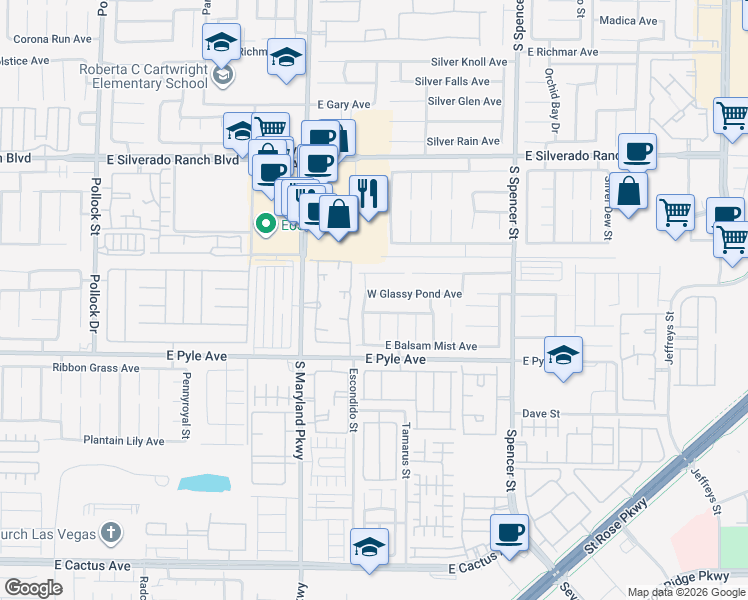 map of restaurants, bars, coffee shops, grocery stores, and more near 1393 West Glassy Pond Avenue in Las Vegas