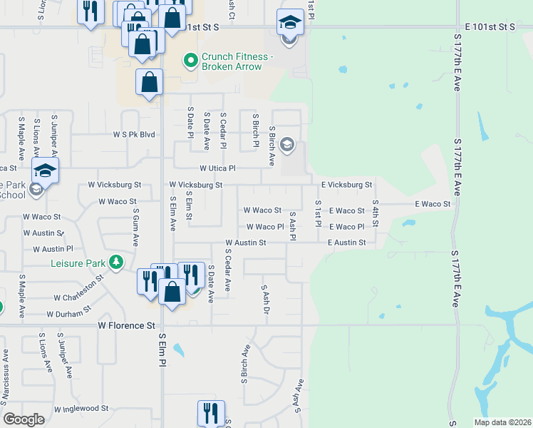 map of restaurants, bars, coffee shops, grocery stores, and more near 4309 West 44th Place in Broken Arrow