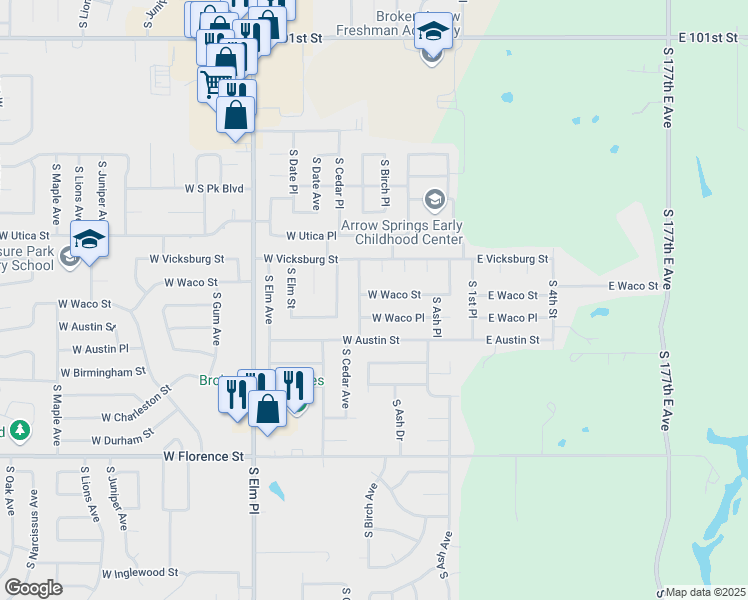 map of restaurants, bars, coffee shops, grocery stores, and more near 225 West Waco Street in Broken Arrow