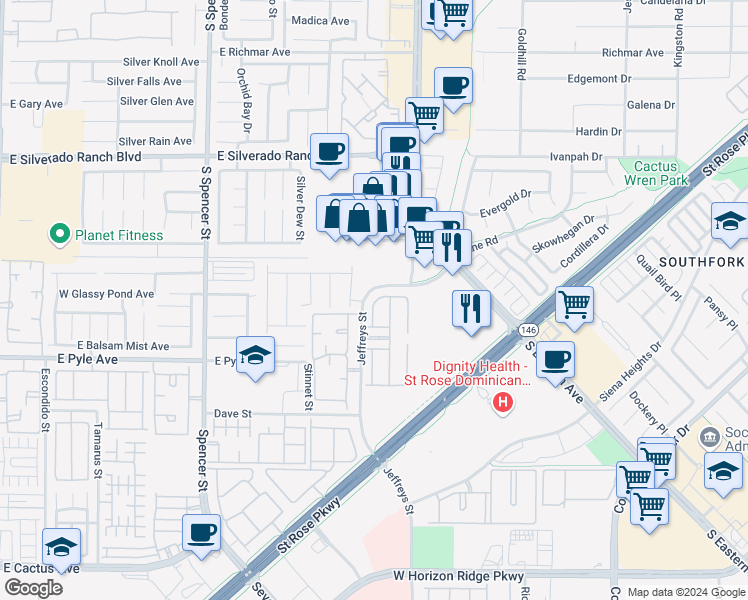 map of restaurants, bars, coffee shops, grocery stores, and more near South Pointe Way in Henderson