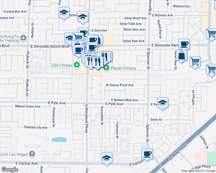 map of restaurants, bars, coffee shops, grocery stores, and more near 1393 West Glassy Pond Avenue in Las Vegas