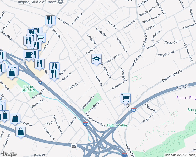 map of restaurants, bars, coffee shops, grocery stores, and more near 4413 Coster Road in Knoxville