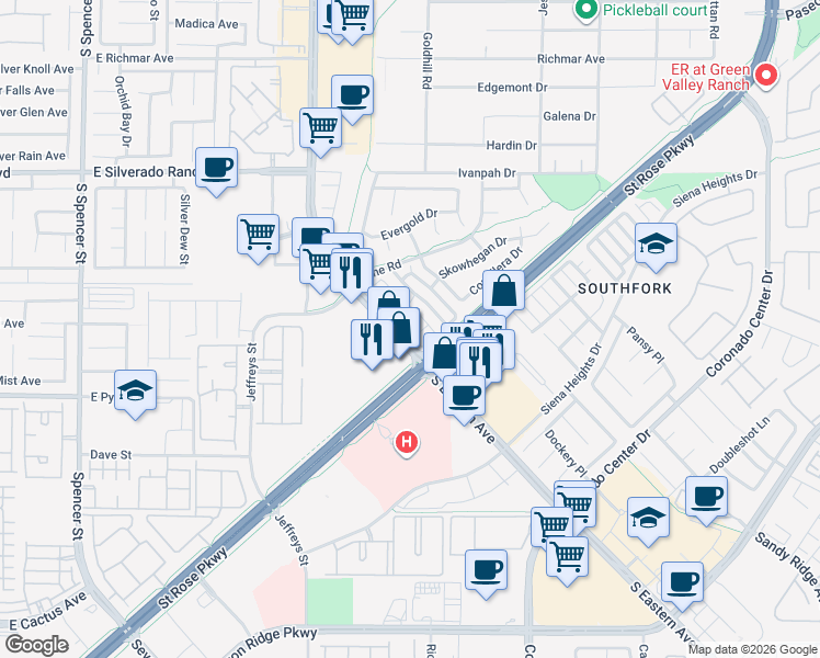 map of restaurants, bars, coffee shops, grocery stores, and more near 2907 Apogee Lane in Henderson