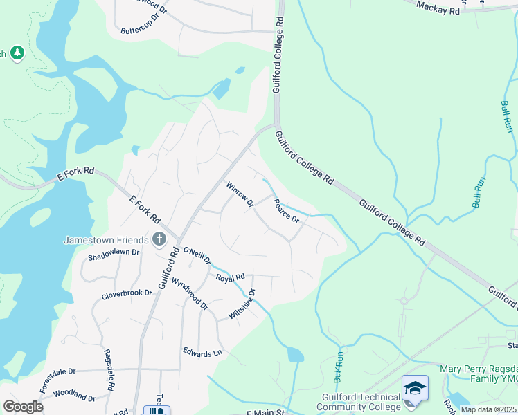map of restaurants, bars, coffee shops, grocery stores, and more near 109 Winrow Drive in Jamestown