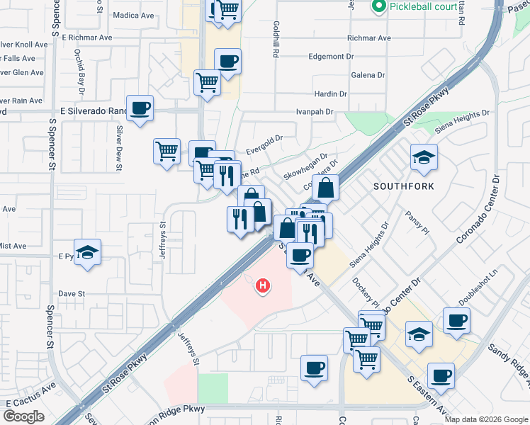 map of restaurants, bars, coffee shops, grocery stores, and more near 2907 Apogee Lane in Henderson