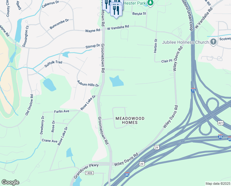 map of restaurants, bars, coffee shops, grocery stores, and more near 4020 Sedgewood Lane in Greensboro