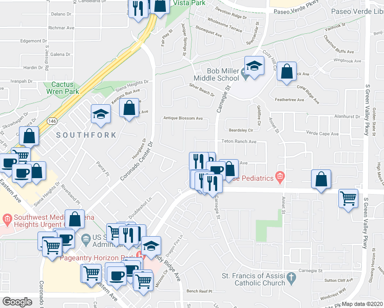 map of restaurants, bars, coffee shops, grocery stores, and more near 522 Enchanted Lakes Drive in Henderson