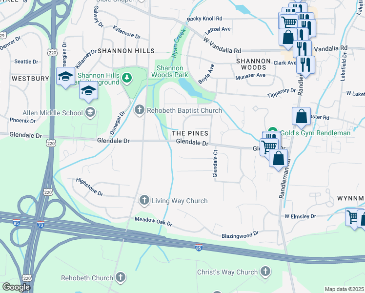 map of restaurants, bars, coffee shops, grocery stores, and more near 814 Pine Ridge Drive in Greensboro