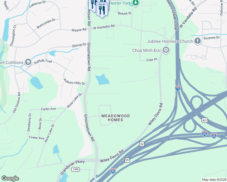 map of restaurants, bars, coffee shops, grocery stores, and more near 4002 Sedgewood Lane in Greensboro