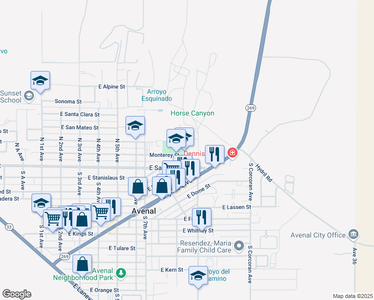map of restaurants, bars, coffee shops, grocery stores, and more near 209 North Park Avenue in Avenal