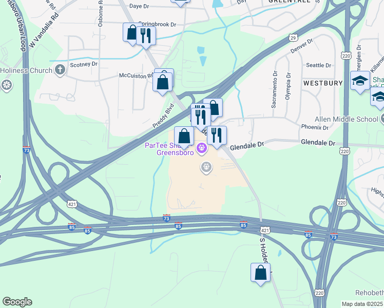 map of restaurants, bars, coffee shops, grocery stores, and more near 3728 South Holden Road in Greensboro
