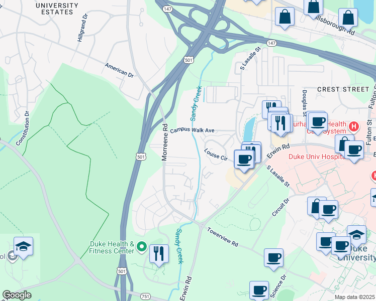 map of restaurants, bars, coffee shops, grocery stores, and more near 943 Morreene Road in Durham