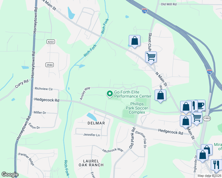 map of restaurants, bars, coffee shops, grocery stores, and more near 468 Dunwood Drive in High Point