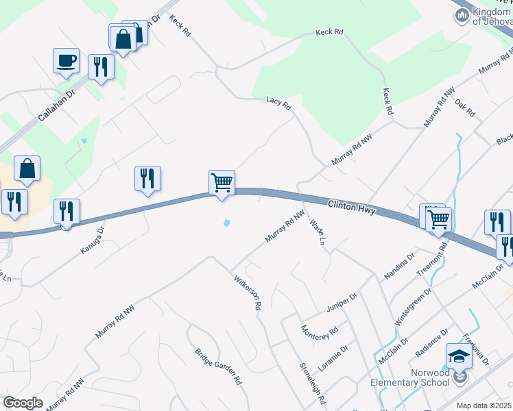 map of restaurants, bars, coffee shops, grocery stores, and more near 6257 Clinton Highway in Knoxville