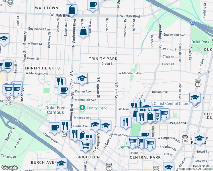 map of restaurants, bars, coffee shops, grocery stores, and more near 924 Urban Street in Durham