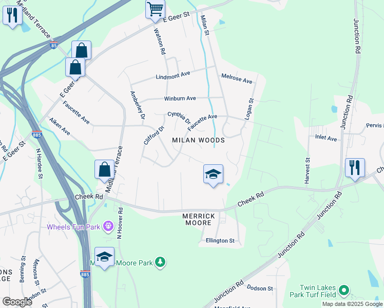 map of restaurants, bars, coffee shops, grocery stores, and more near 7 Alicia Court in Durham