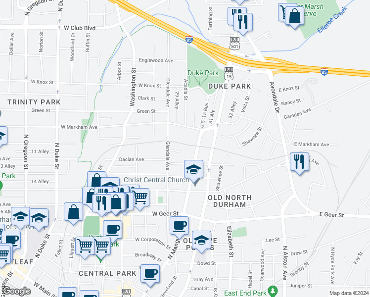 map of restaurants, bars, coffee shops, grocery stores, and more near 1300 Acadia Street in Durham
