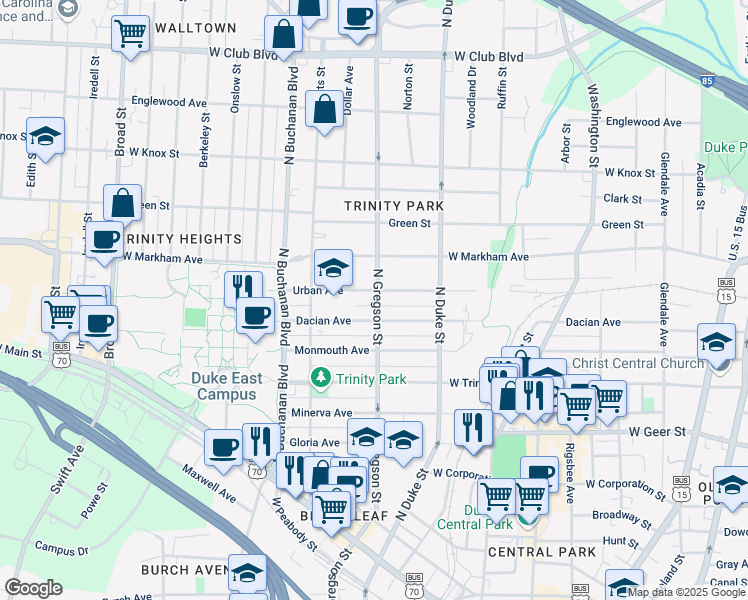map of restaurants, bars, coffee shops, grocery stores, and more near 1001 Urban Avenue in Durham
