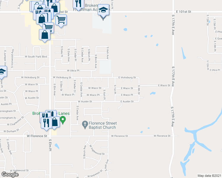 map of restaurants, bars, coffee shops, grocery stores, and more near 4312 South 1st Place in Broken Arrow