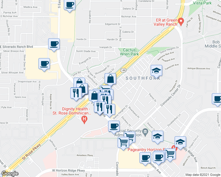 map of restaurants, bars, coffee shops, grocery stores, and more near 2850 Saint Rose Parkway in Henderson