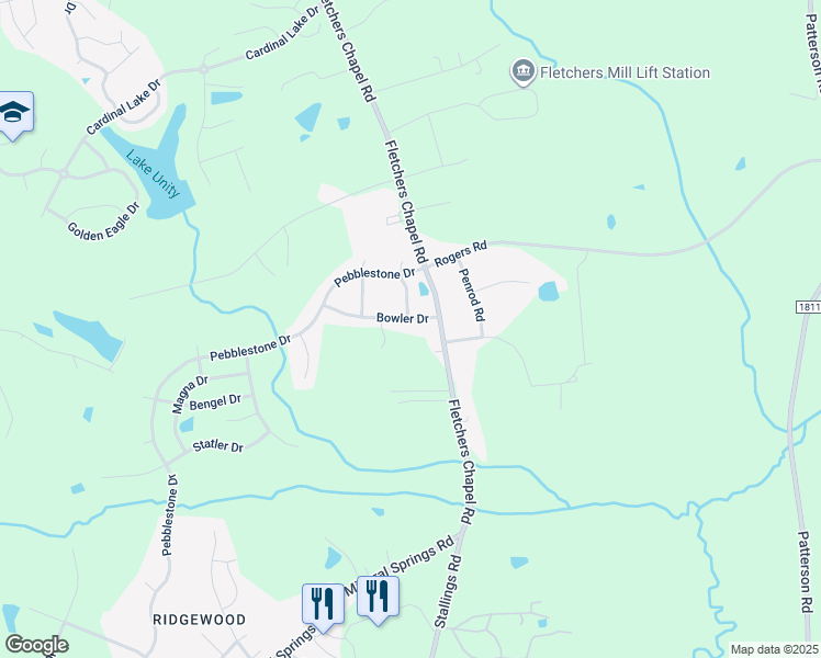 map of restaurants, bars, coffee shops, grocery stores, and more near 1102 Bowler Drive in Durham