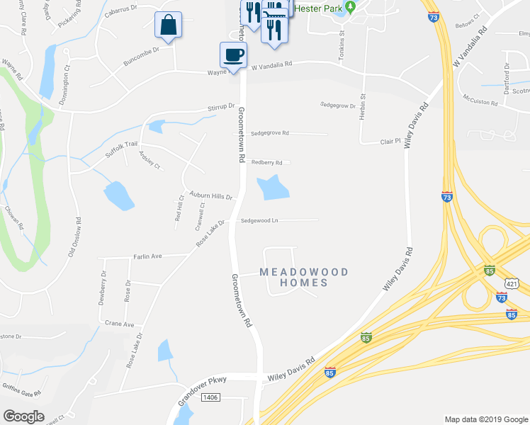 map of restaurants, bars, coffee shops, grocery stores, and more near 4022 Sedgewood Lane in Greensboro