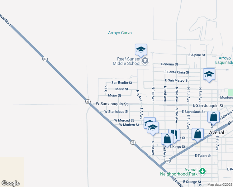 map of restaurants, bars, coffee shops, grocery stores, and more near 329 Marin St in Avenal