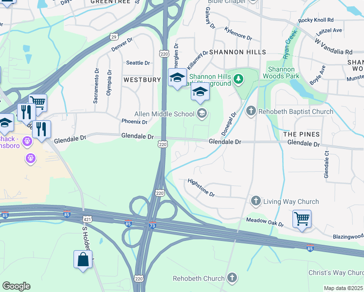 map of restaurants, bars, coffee shops, grocery stores, and more near 1207 Glendale Drive in Greensboro