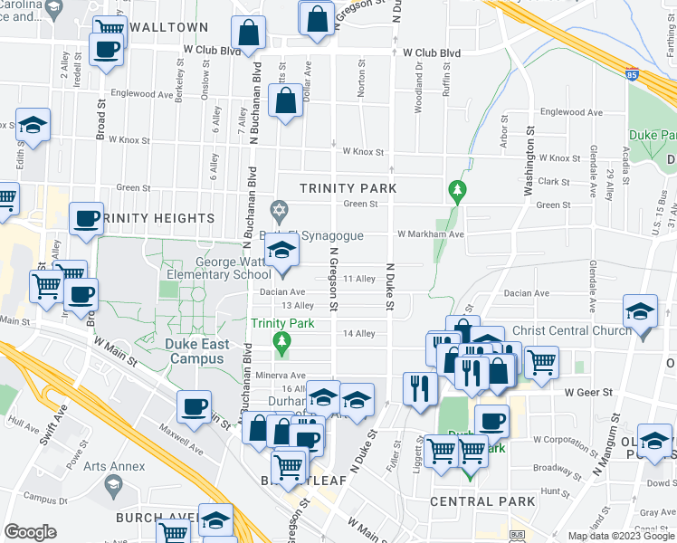 map of restaurants, bars, coffee shops, grocery stores, and more near 929 Urban Avenue in Durham