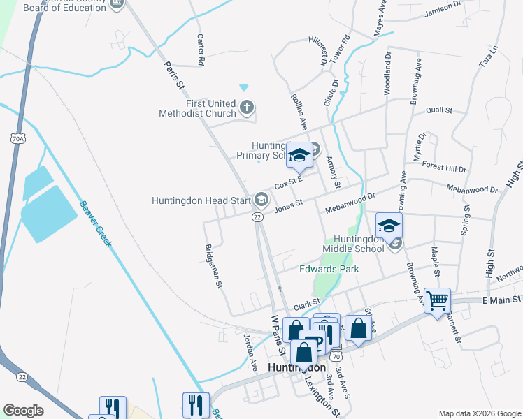 map of restaurants, bars, coffee shops, grocery stores, and more near 13310 Paris Street in Huntingdon