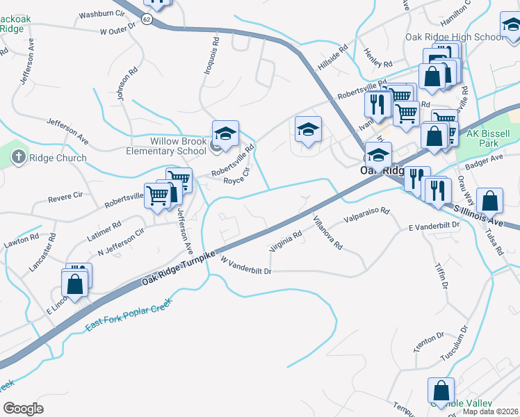 map of restaurants, bars, coffee shops, grocery stores, and more near 100 Adams Lane in Oak Ridge