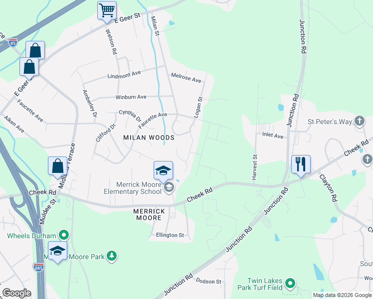 map of restaurants, bars, coffee shops, grocery stores, and more near 1321 Logan Street in Durham